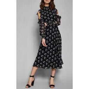 Ted Baker Hilaina Love Birds Midi Dress Black Cold Shoulder Size 0 or US 2
